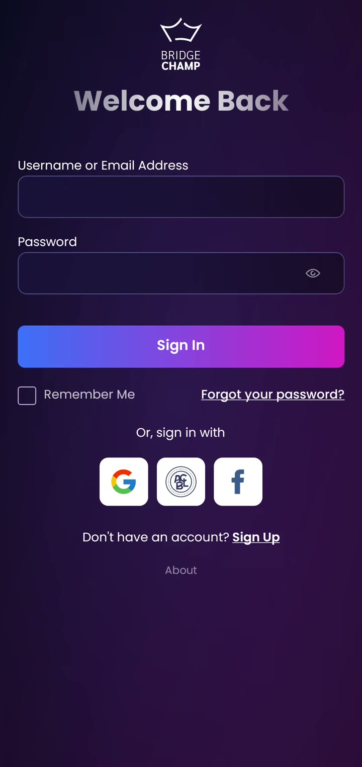 Bridge Champ login screen with the Google, ACBL and Facebook buttons