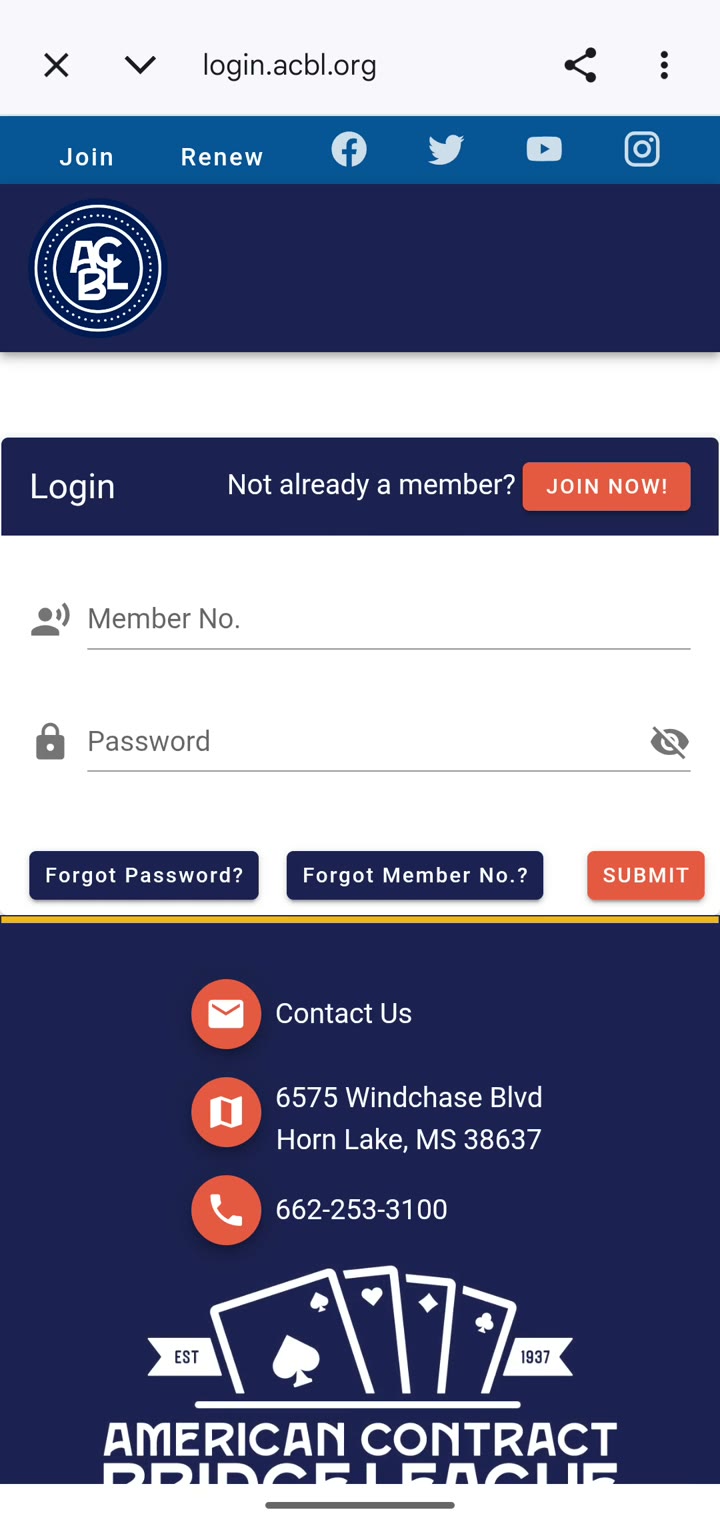 The ACBL login page with Member No. and Password fields