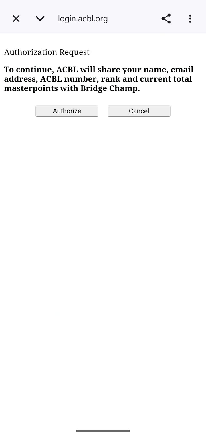 The ACBL Authorization Request page with Authorize and Cancel buttons