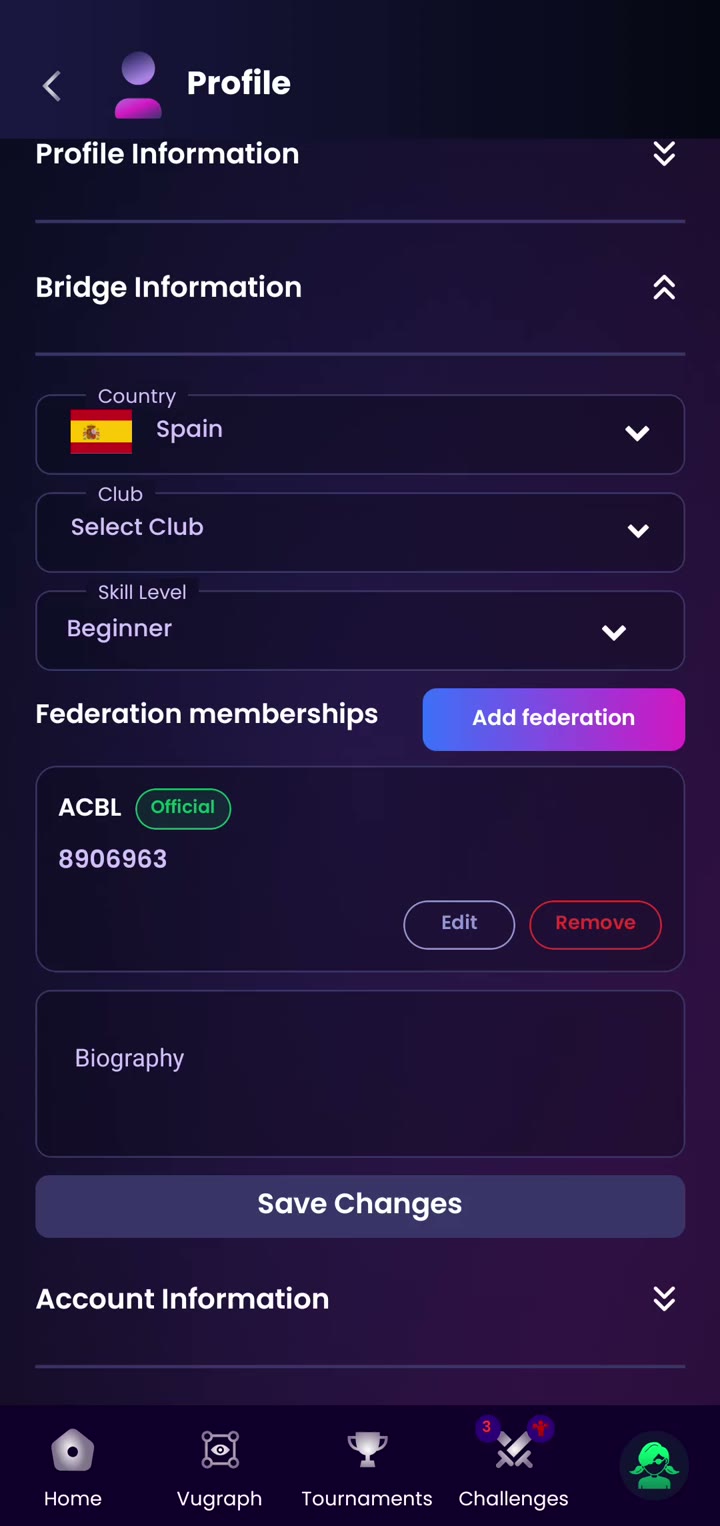 Profile, Bridge Information, with ACBL Official and the member number under Federation memberships