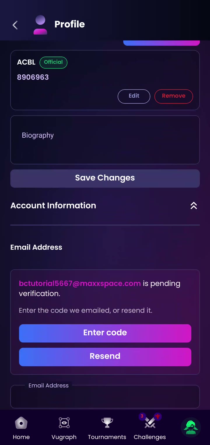 Account Information showing the email address pending verification with Enter code and Resend buttons