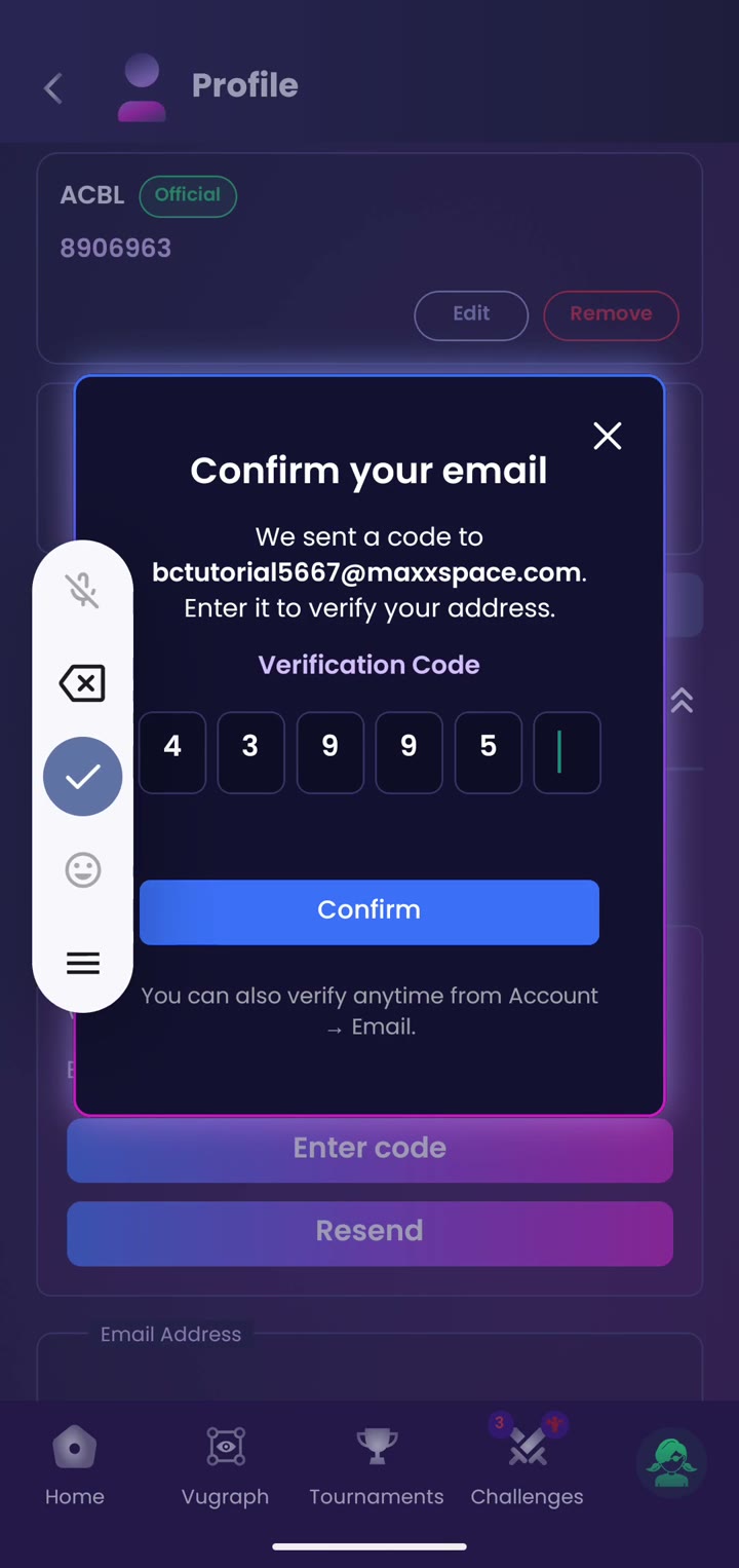 The Confirm your email window with six code boxes and a Confirm button