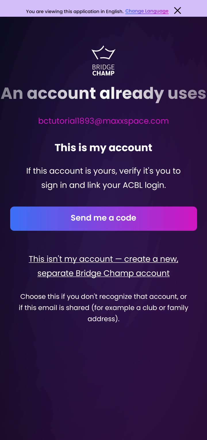 The An account already uses screen with Send me a code and This isn't my account