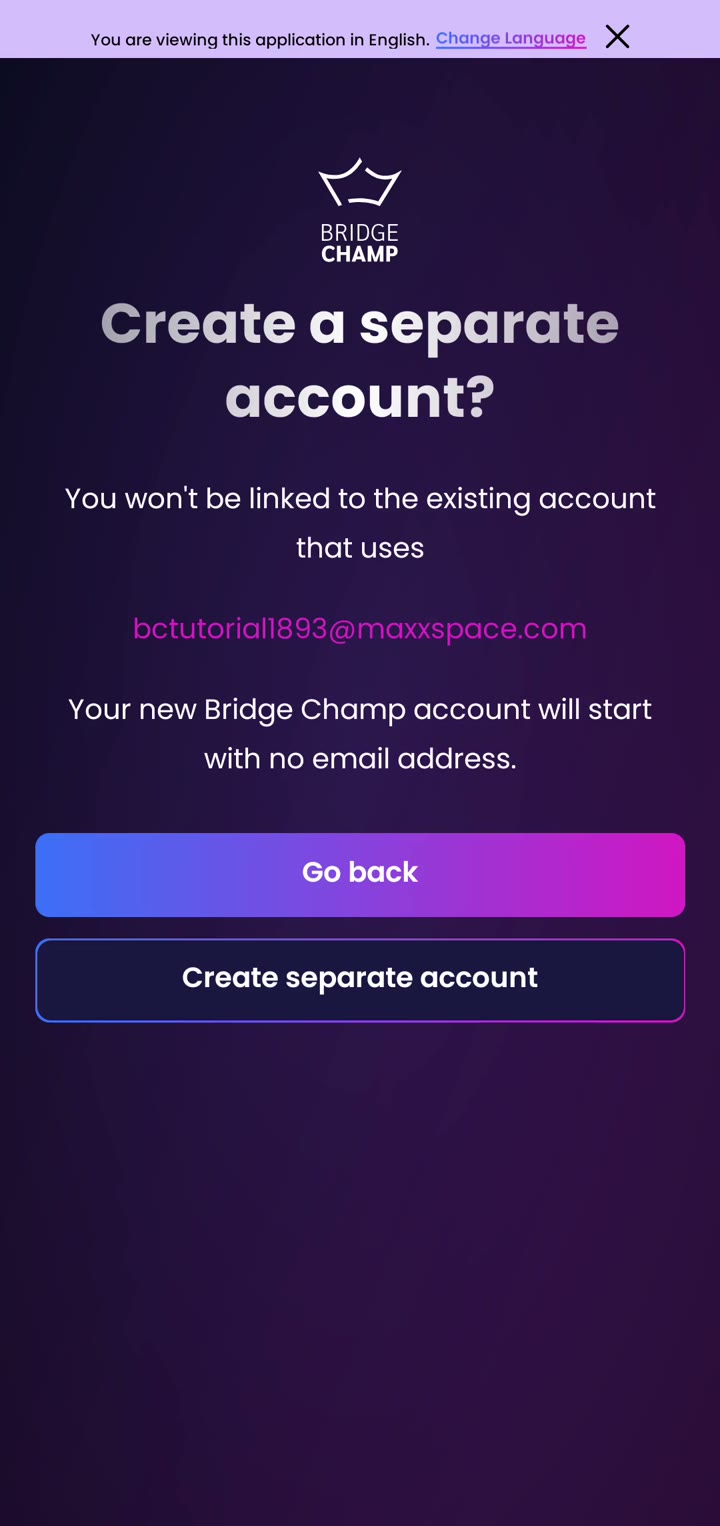 The Create a separate account screen with Go back and Create separate account buttons
