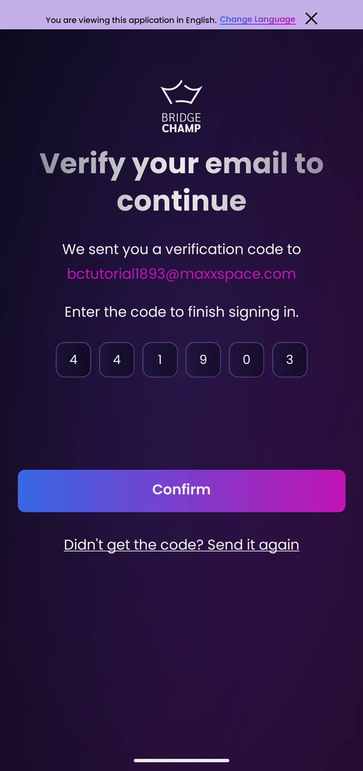 The Verify your email to continue screen with six code boxes and a Confirm button