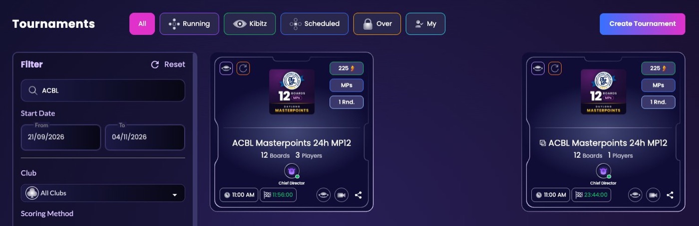 The Tournaments lobby filtered on ACBL, showing today's ACBL Masterpoints 24h MP12 card and tomorrow's