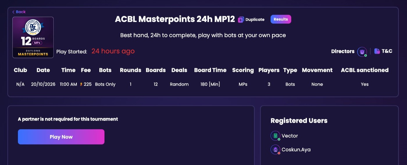 The ACBL Masterpoints 24h MP12 tournament page with its details strip and the Play Now button