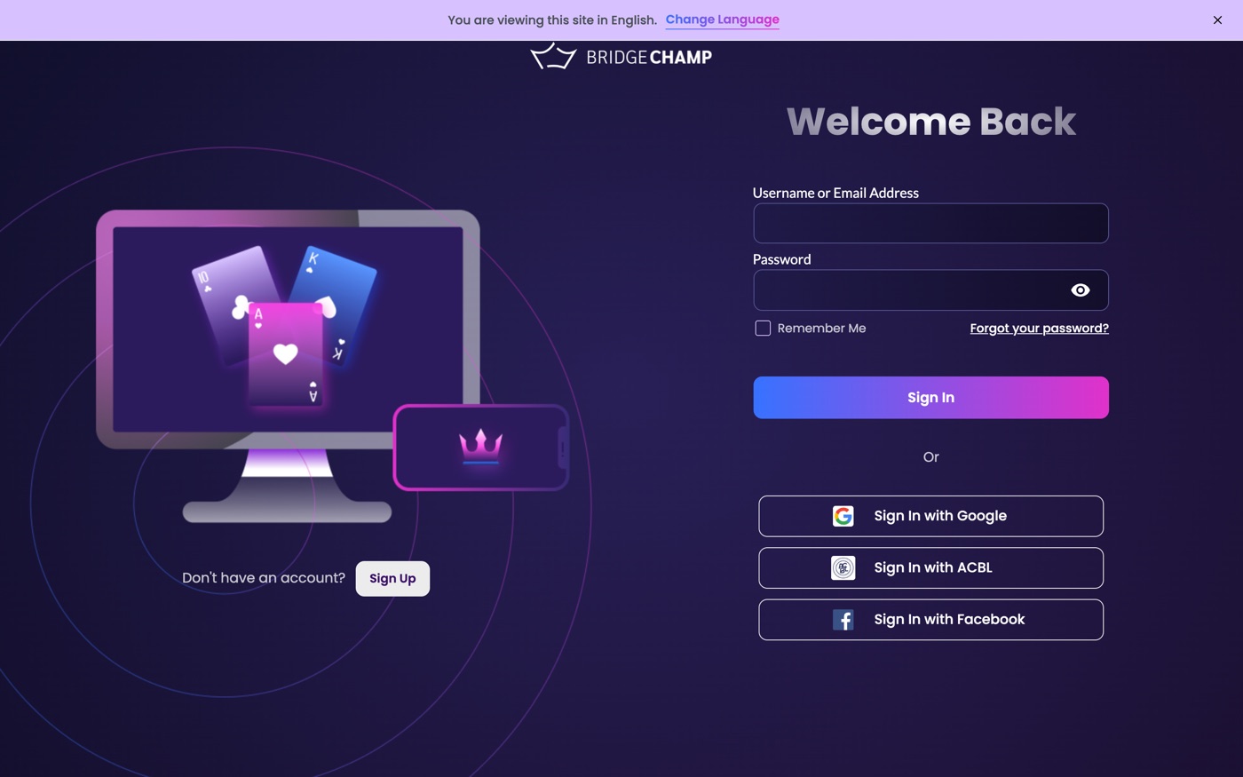 Bridge Champ login page with Sign In with Google, Sign In with ACBL and Sign In with Facebook buttons