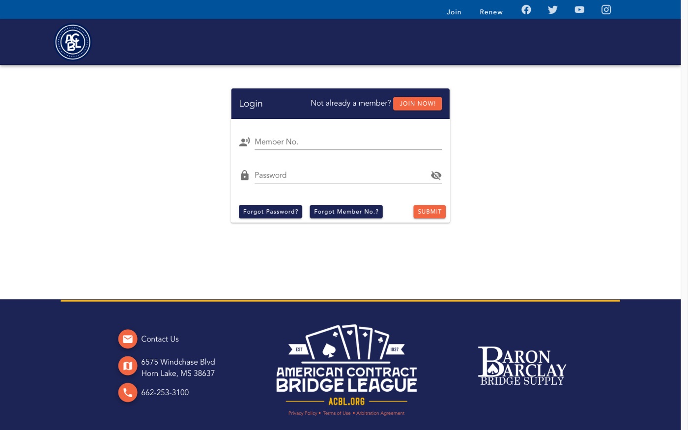 The ACBL login page with Member No. and Password fields and a SUBMIT button