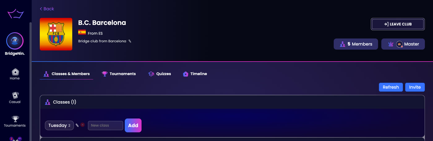 A club page showing the Classes and Members, Tournaments, Quizzes and Timeline tabs