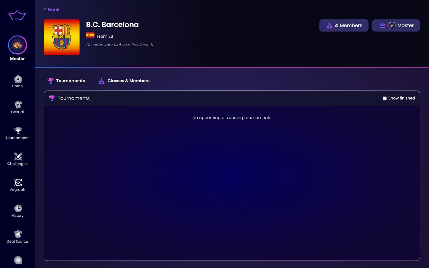 A club page showing the Tournaments and Classes and Members tabs