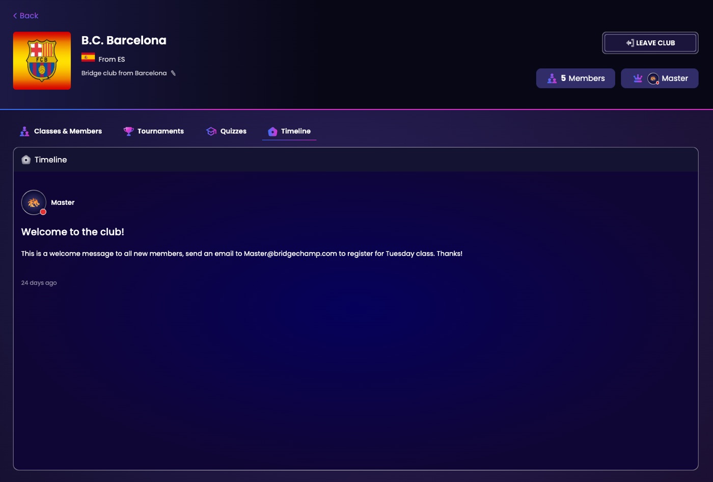 The Timeline tab of a club page