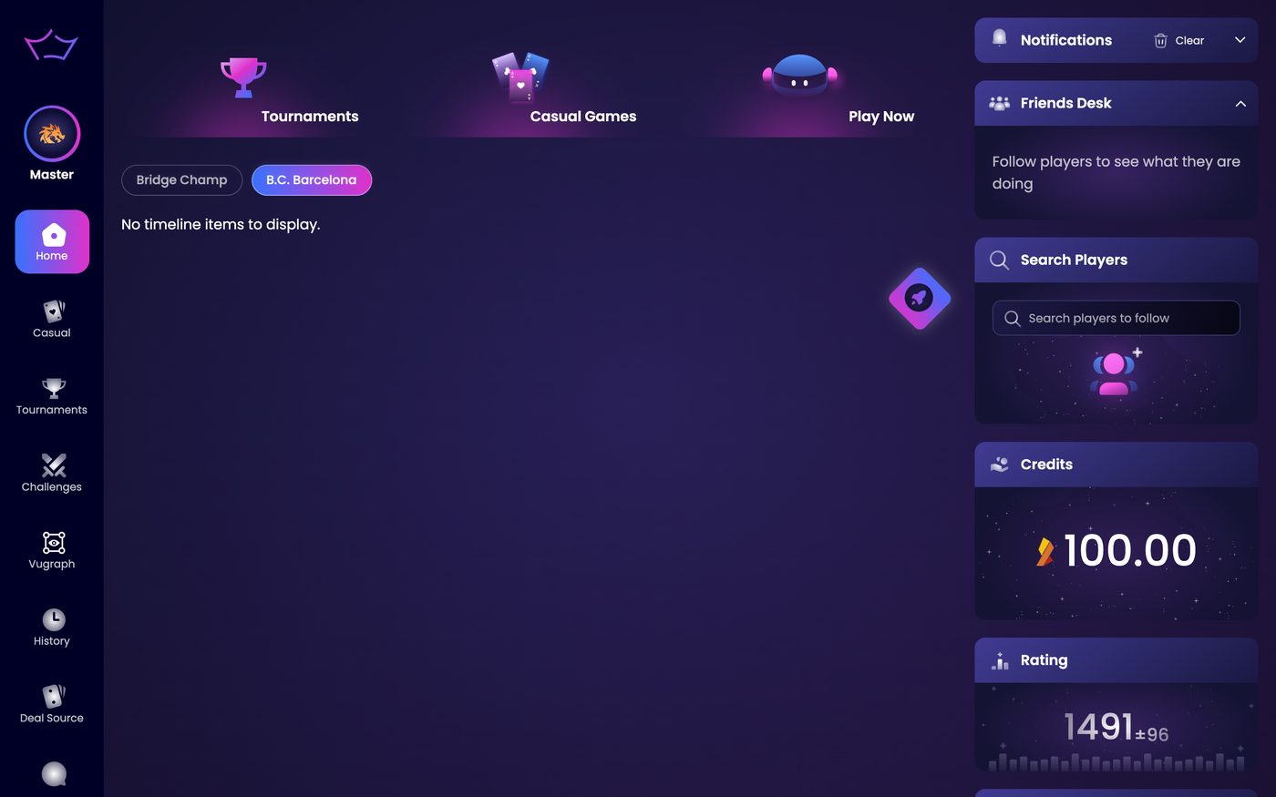 The Home timeline switched to a club feed, showing one button per source