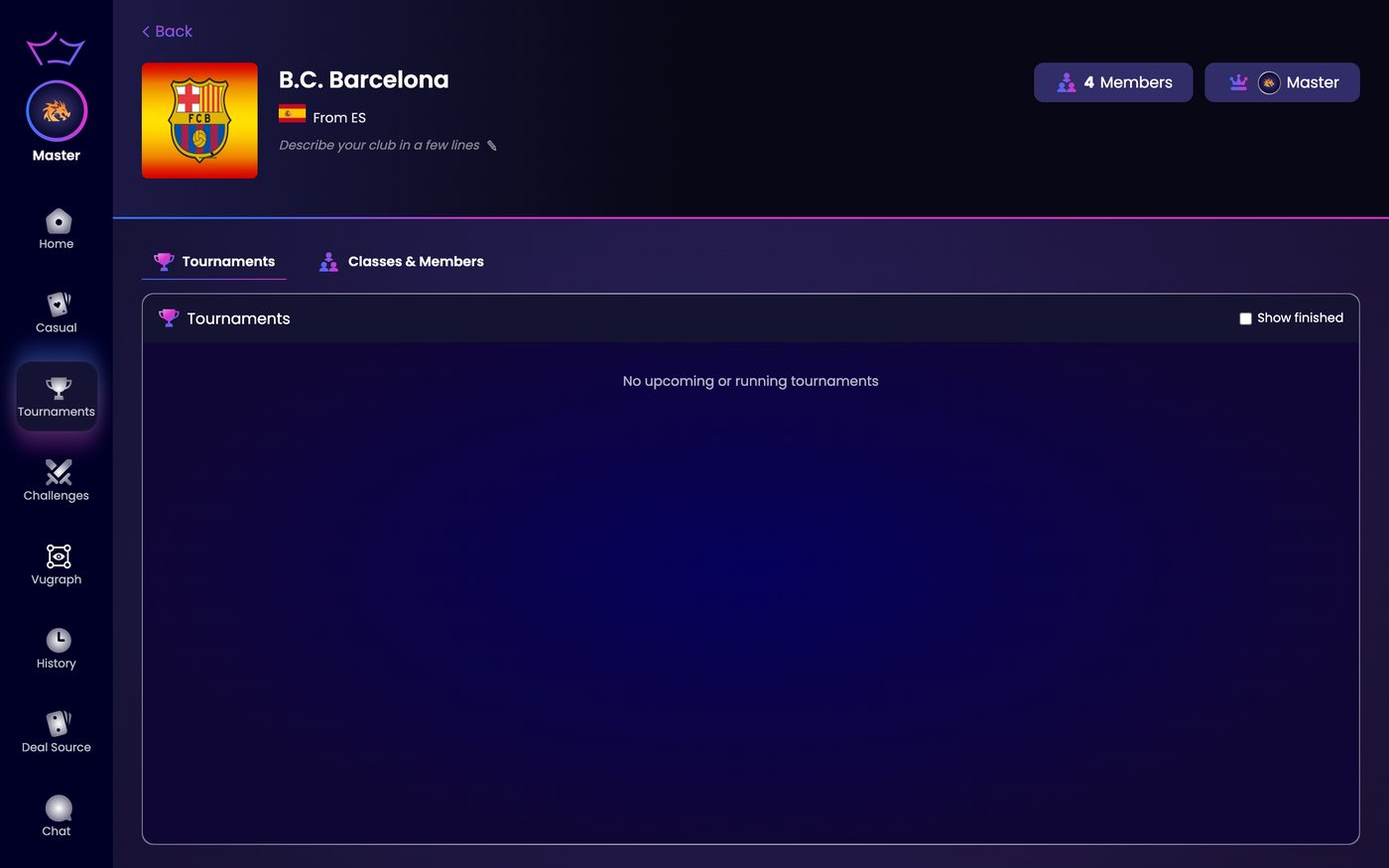 The club Tournaments tab with no upcoming tournaments