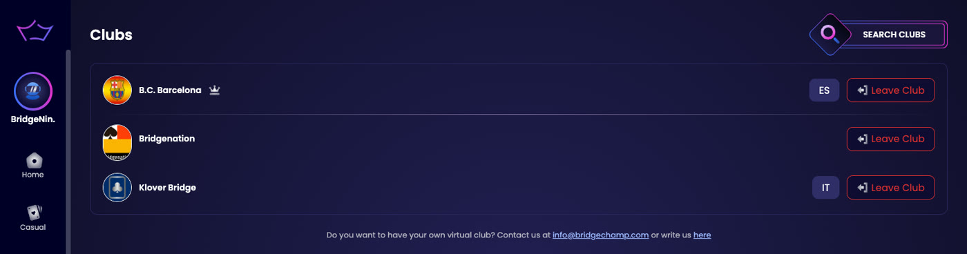 The Clubs page opened from the Clubs button in the left menu