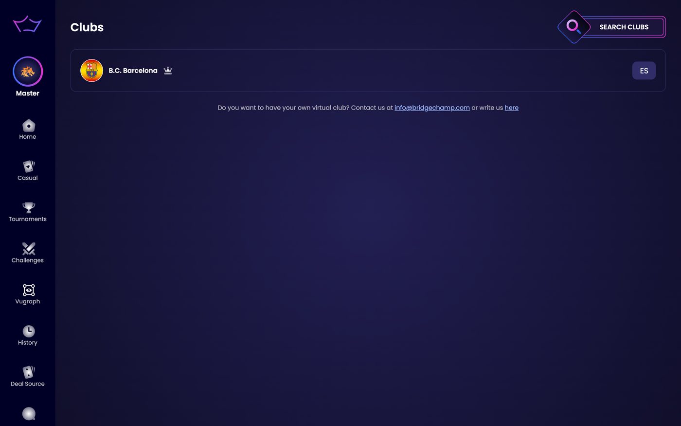 The Clubs page listing a club with an owner crown