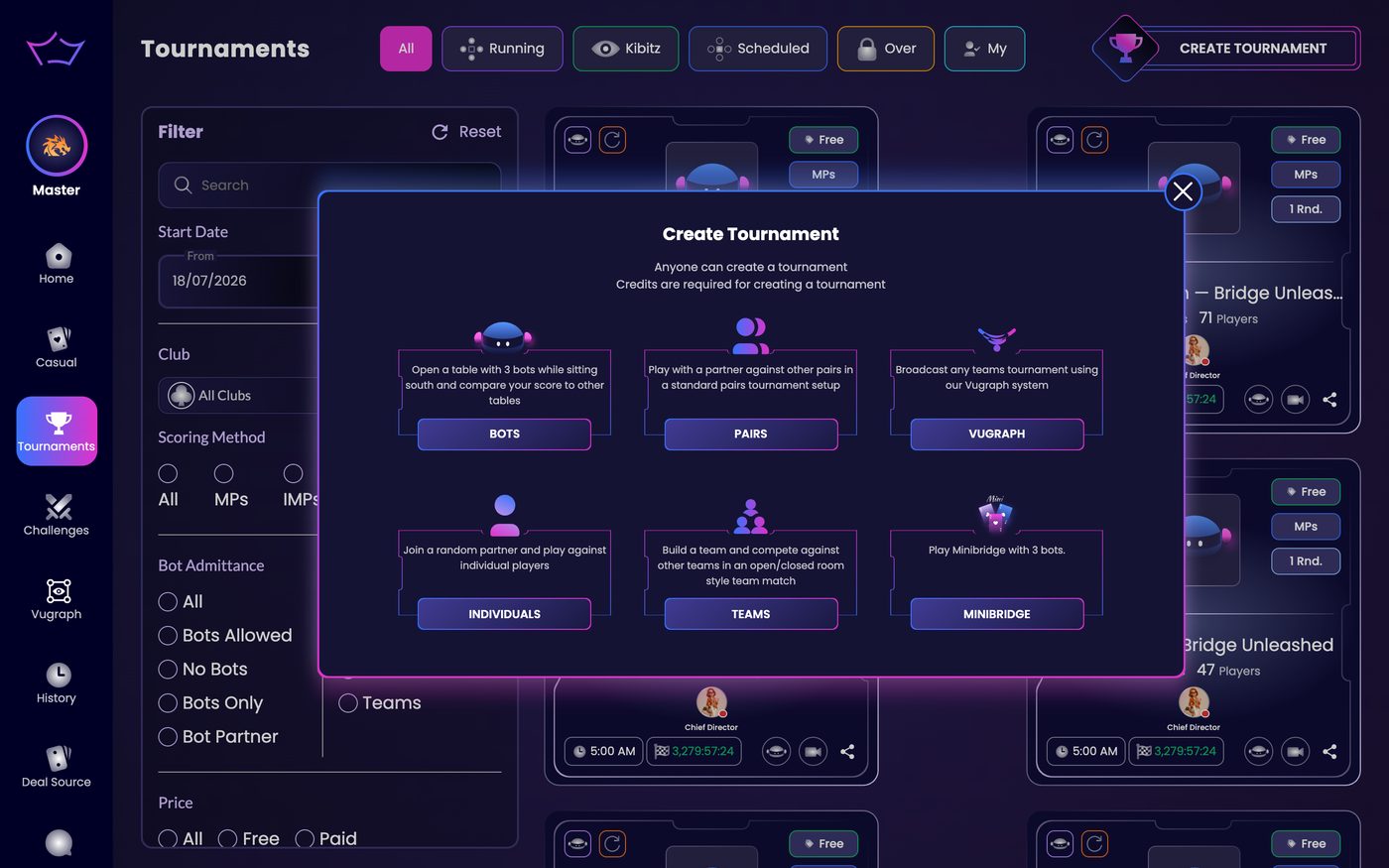 The Create Tournament dialog with the tournament type options