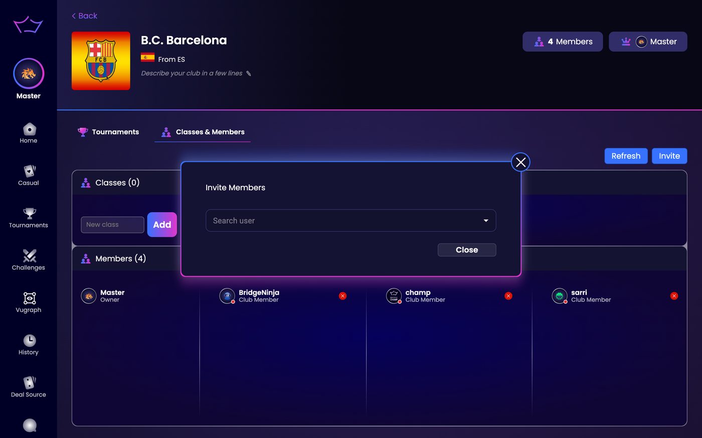 The Invite Members window with a search user field