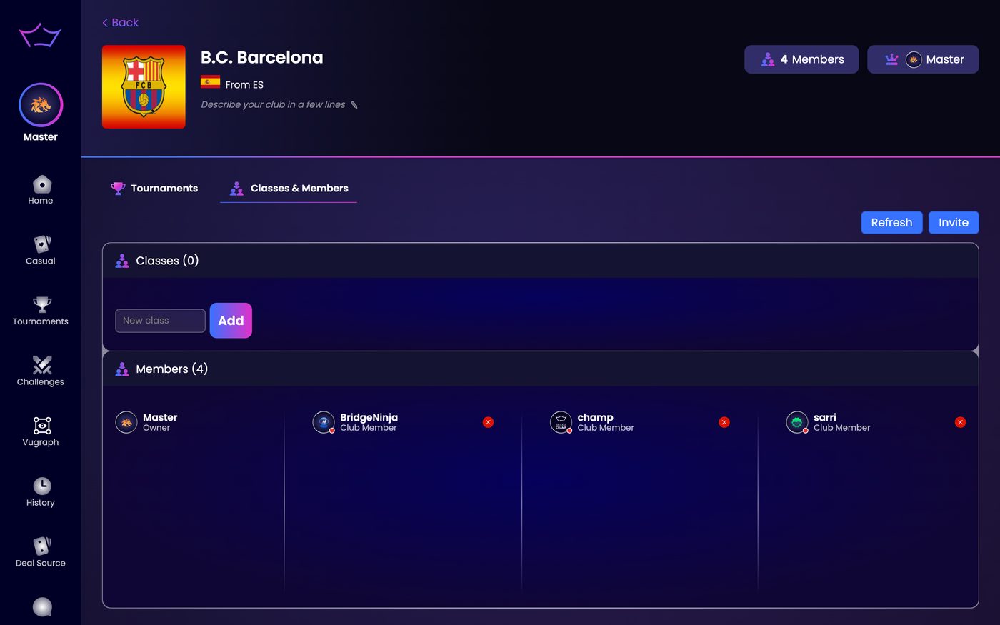 The Members list showing an owner and three club members