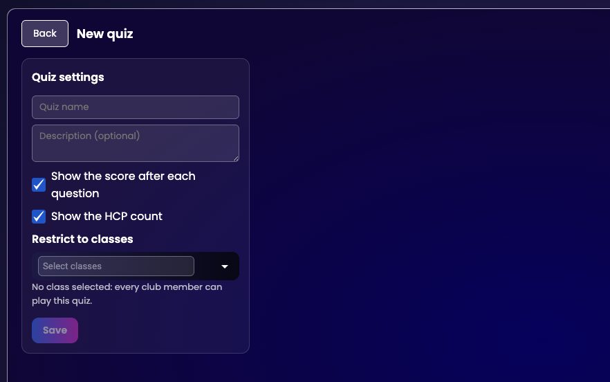 The New quiz form with the quiz name, description, the two settings and the Restrict to classes field