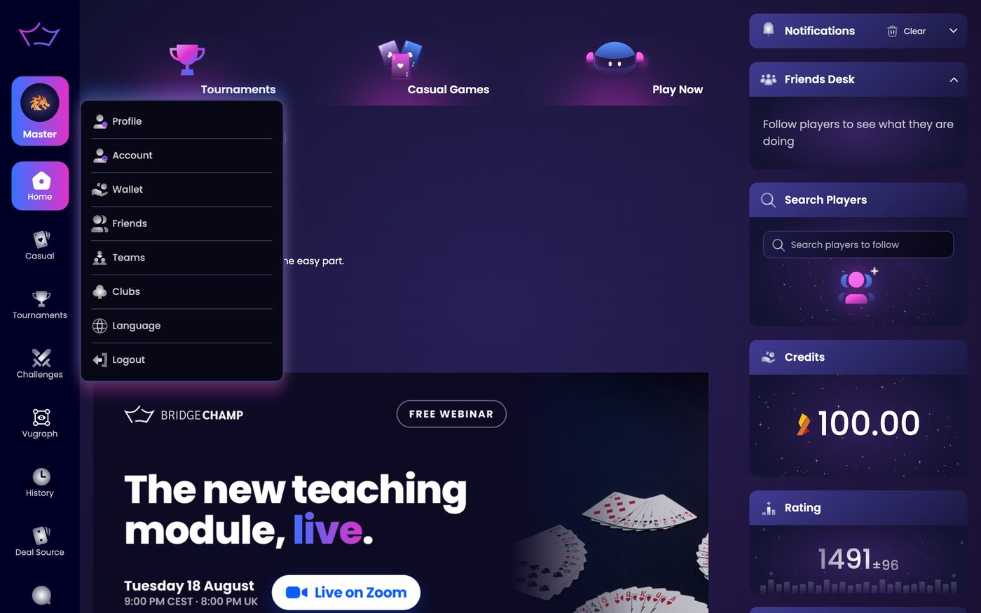 The profile menu open, showing the Clubs option