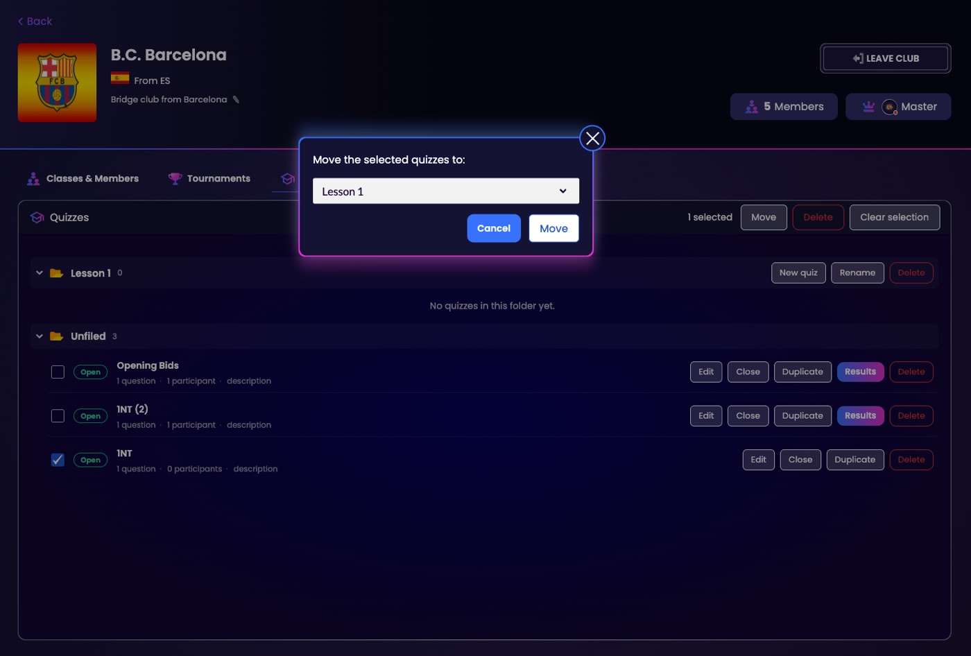 The Move the selected quizzes to window