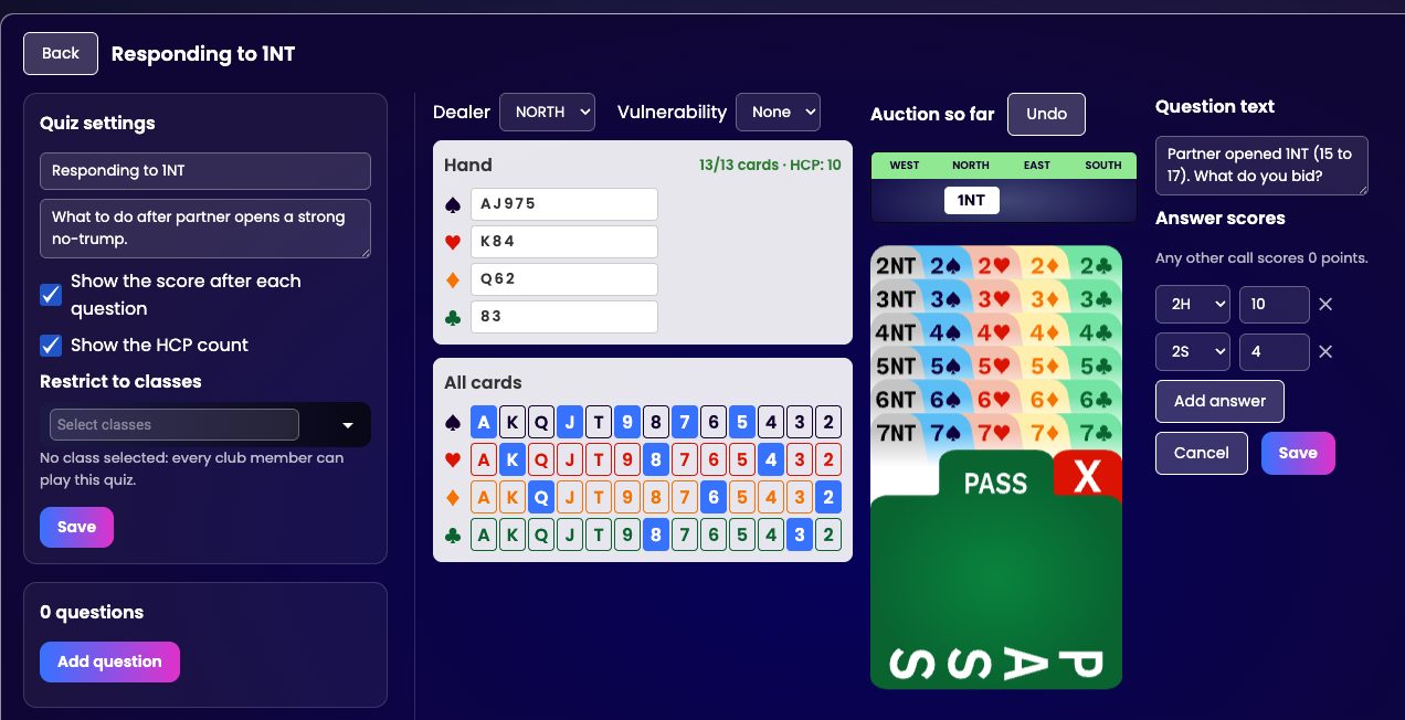 The question editor with the dealer, vulnerability, a complete thirteen card hand, the auction so far and two scored answers