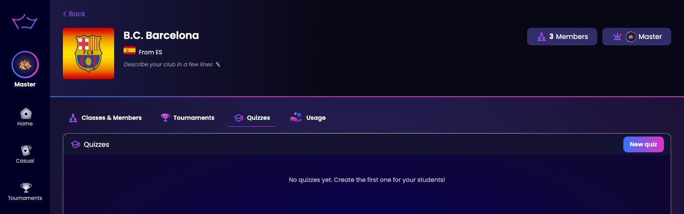 The Quizzes tab of a club, empty, with the New quiz button in the top right