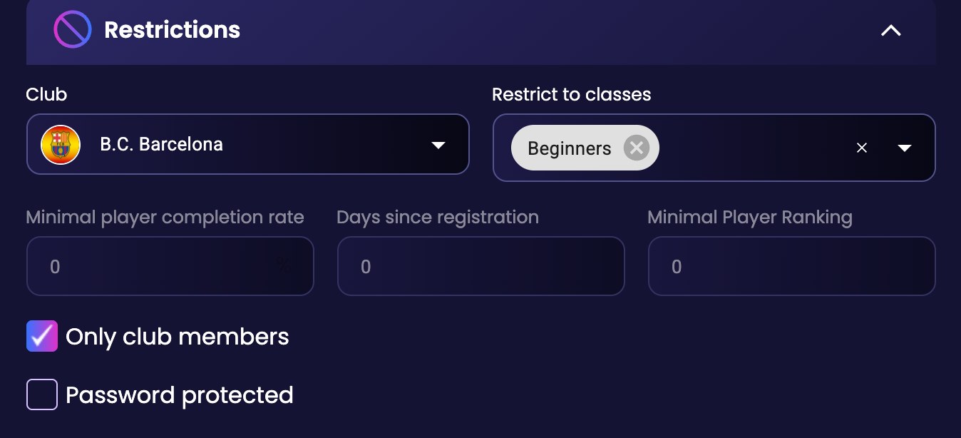 The Restrictions section with the club selected, one class chosen in Restrict to classes, and Only club members ticked