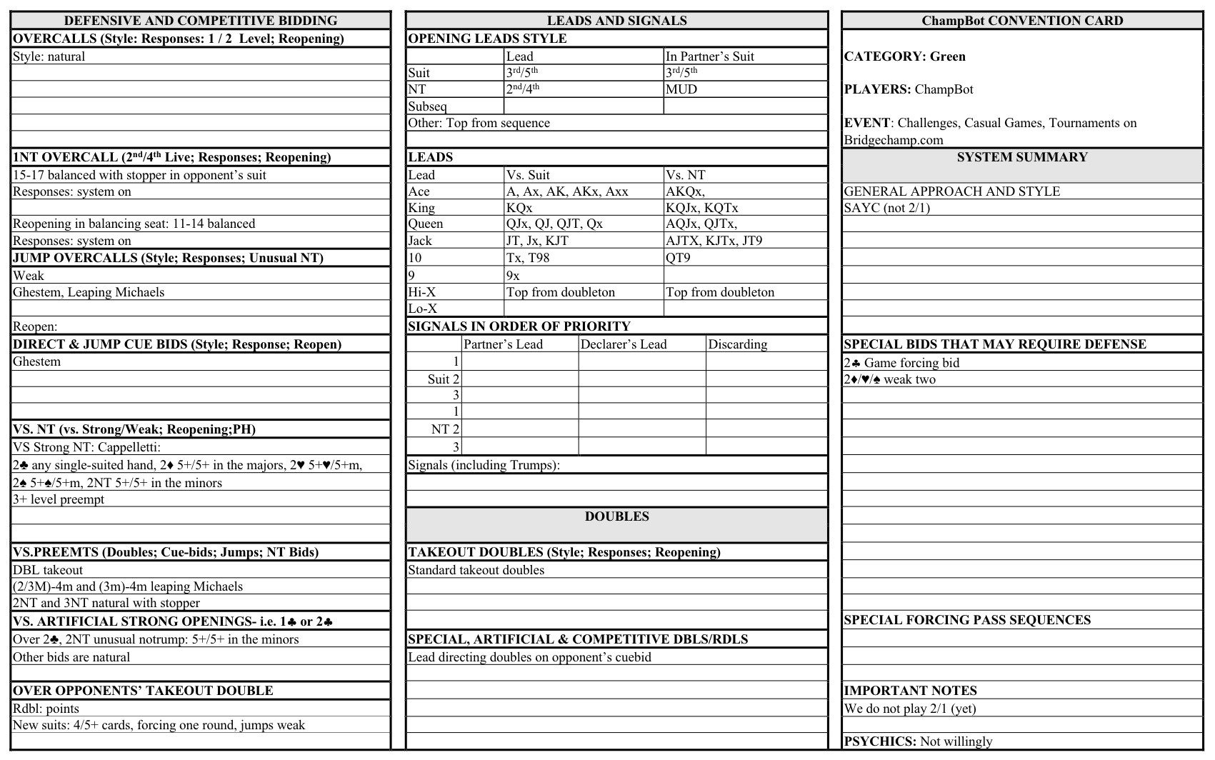 Bridge Champ's Convention Card