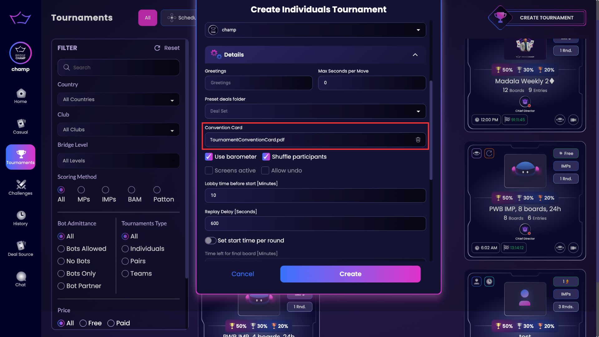 Tournament Convention Card Setting