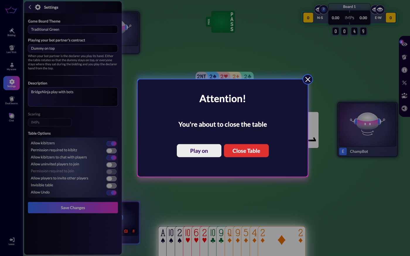 The dialog shown when you click Leave at a bots table