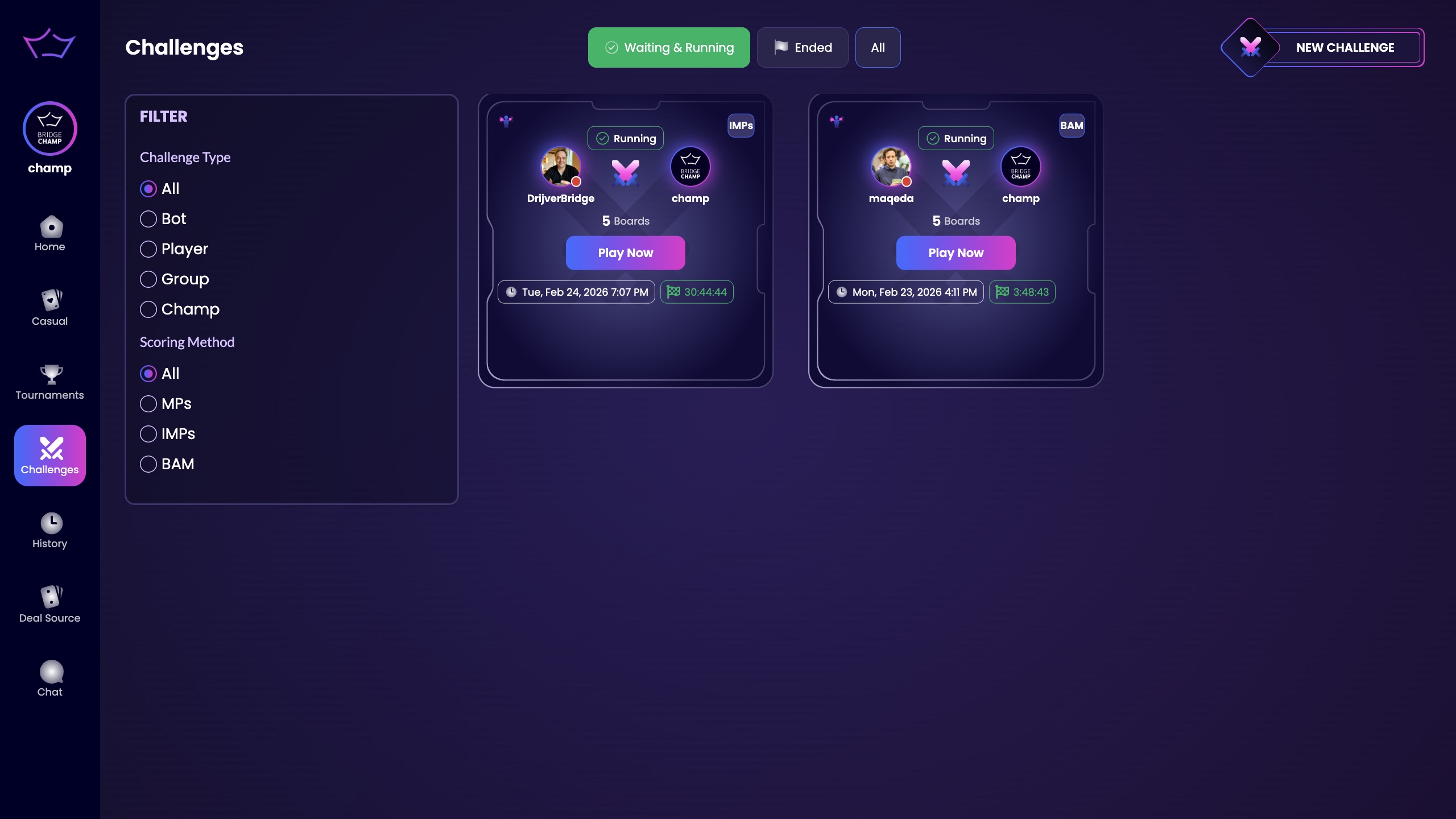 Beat the Champ challenge listed on the Challenges page