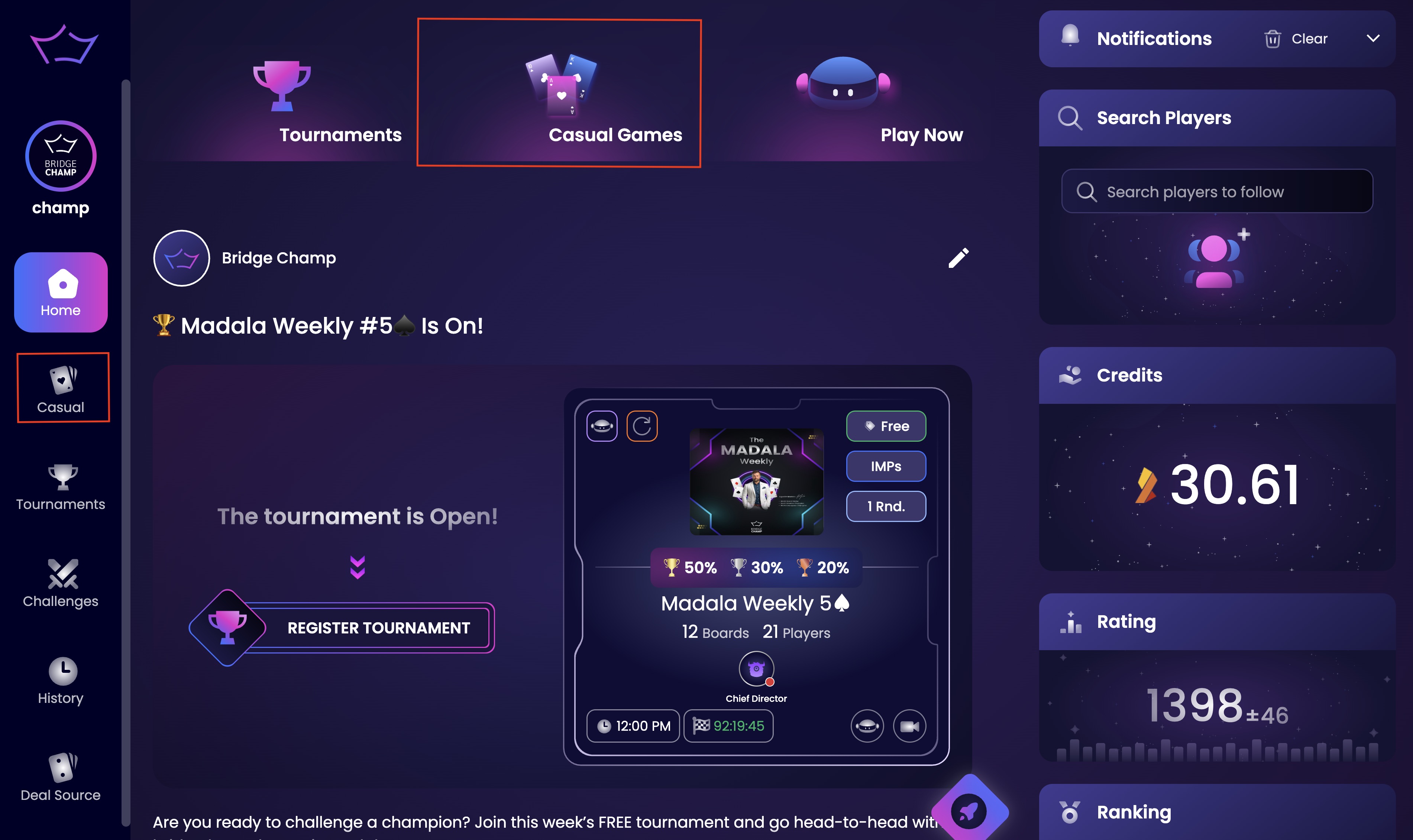 Access Casual Games menu on Bridge Champ