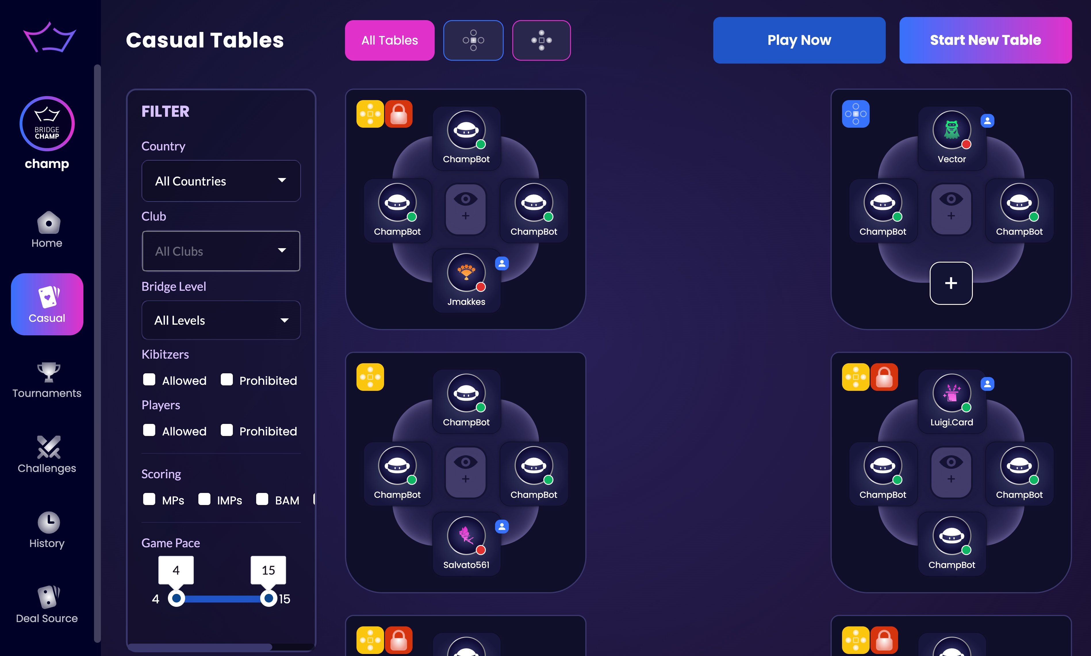 Casual tables screen on Bridge Champ