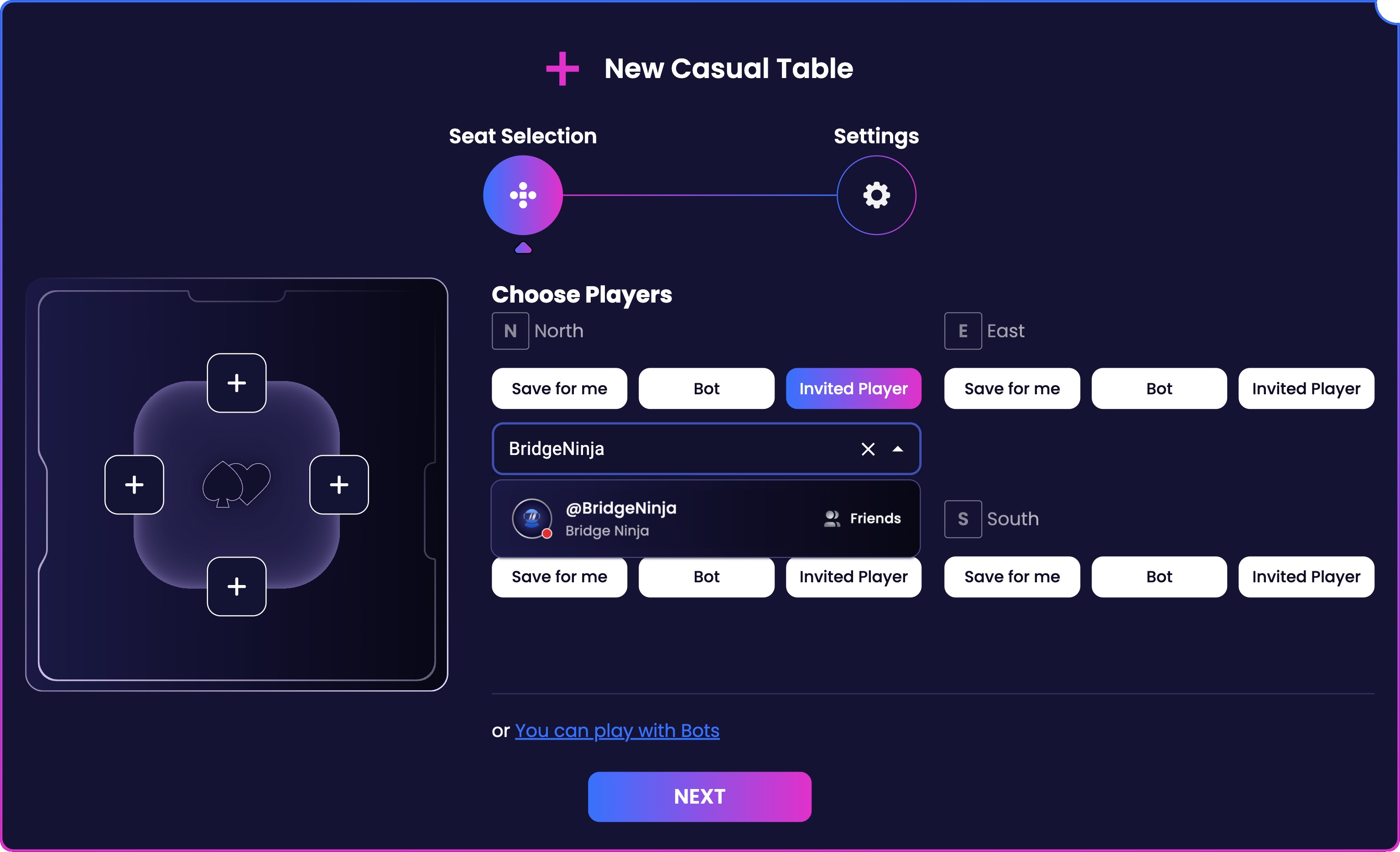 Inviting player by username on Bridge Champ