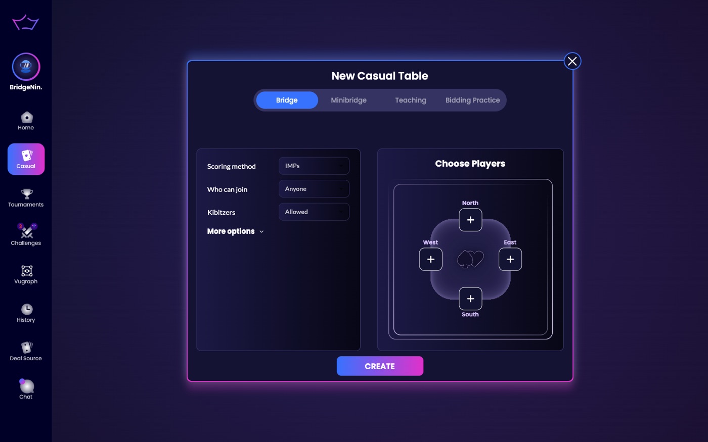 The New Casual Table window with the Bridge tab selected