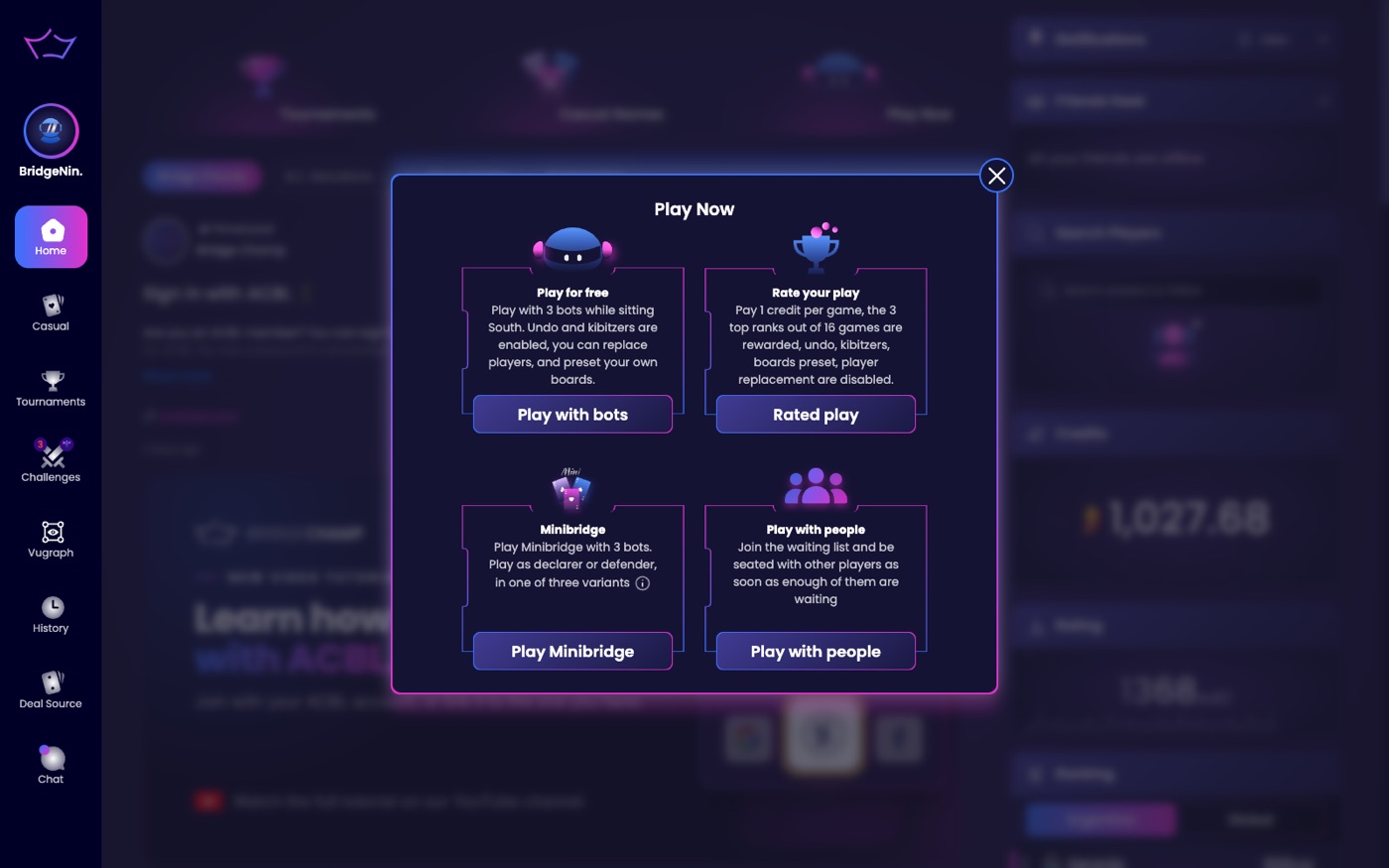 The Play Now dialog with four cards