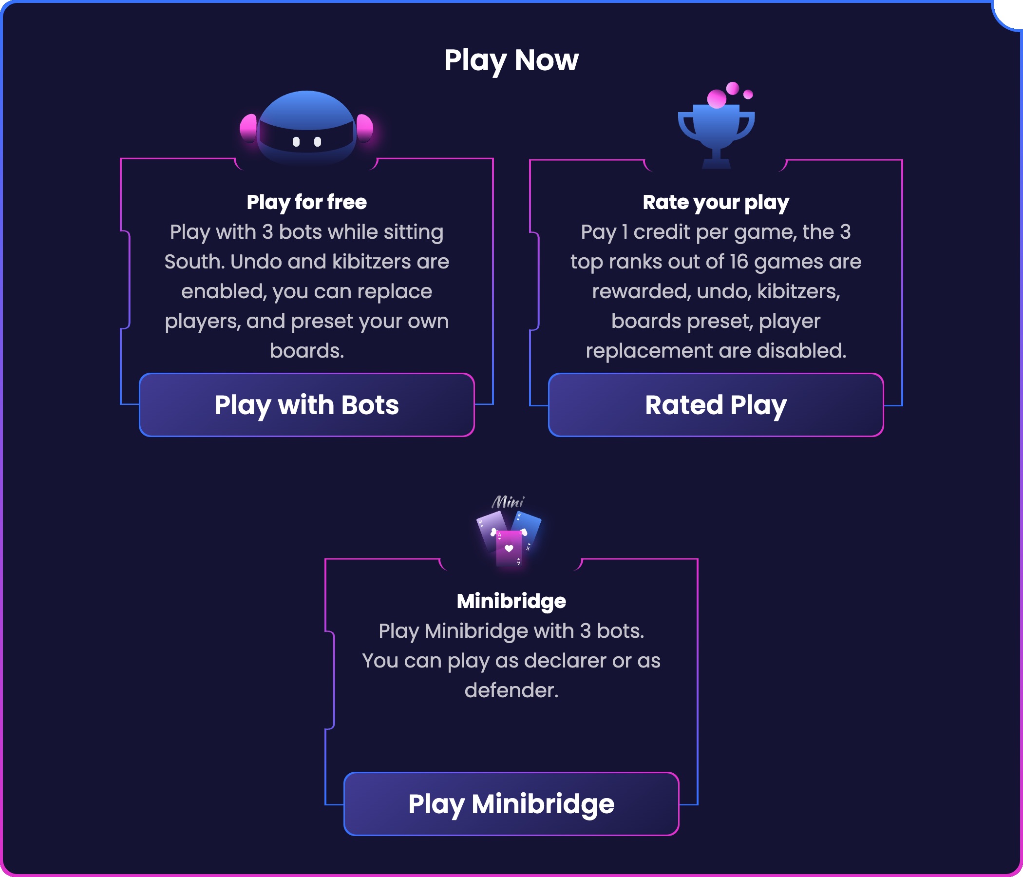 Quick play options menu on Bridge Champ