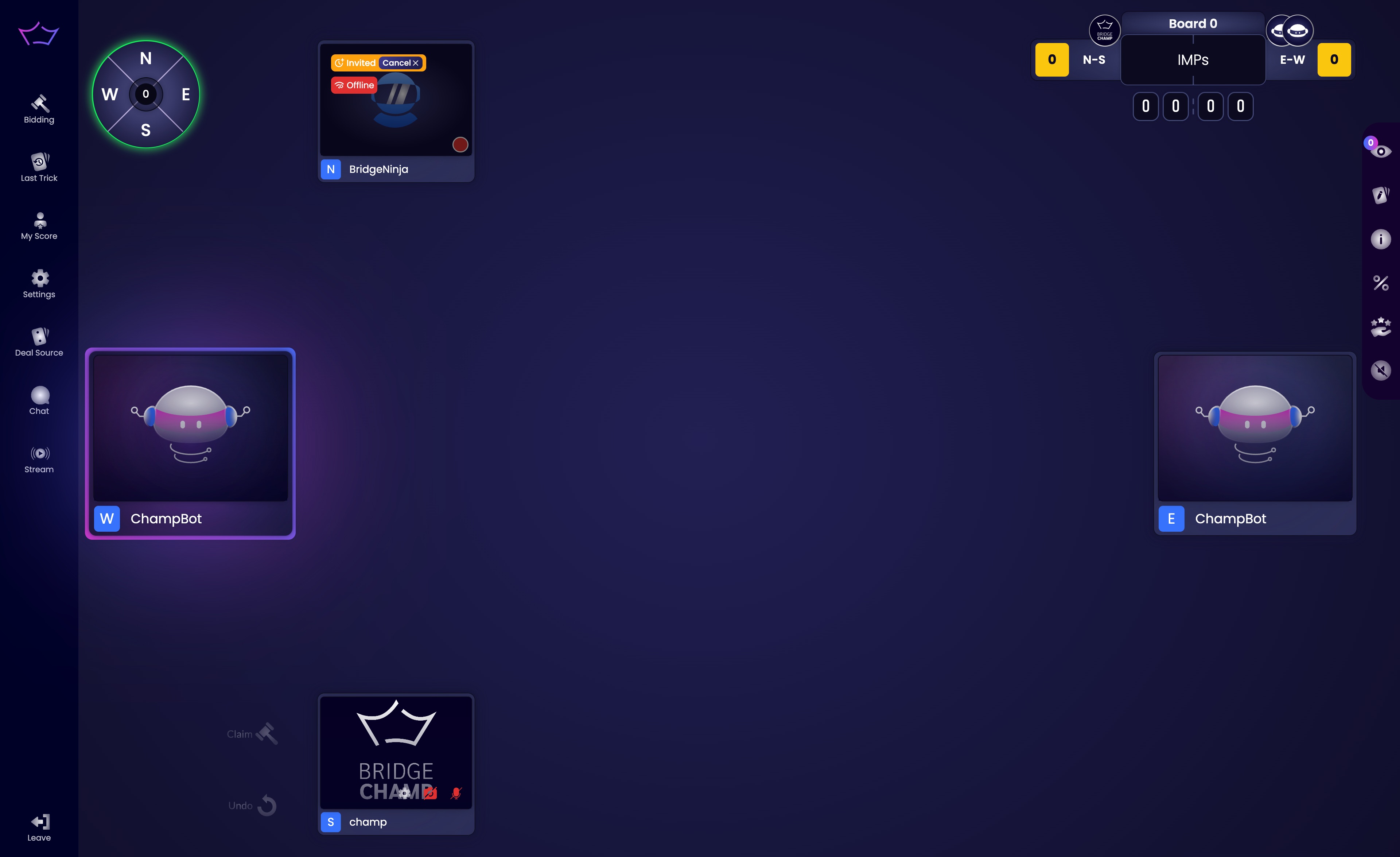 Casual game in progress on Bridge Champ