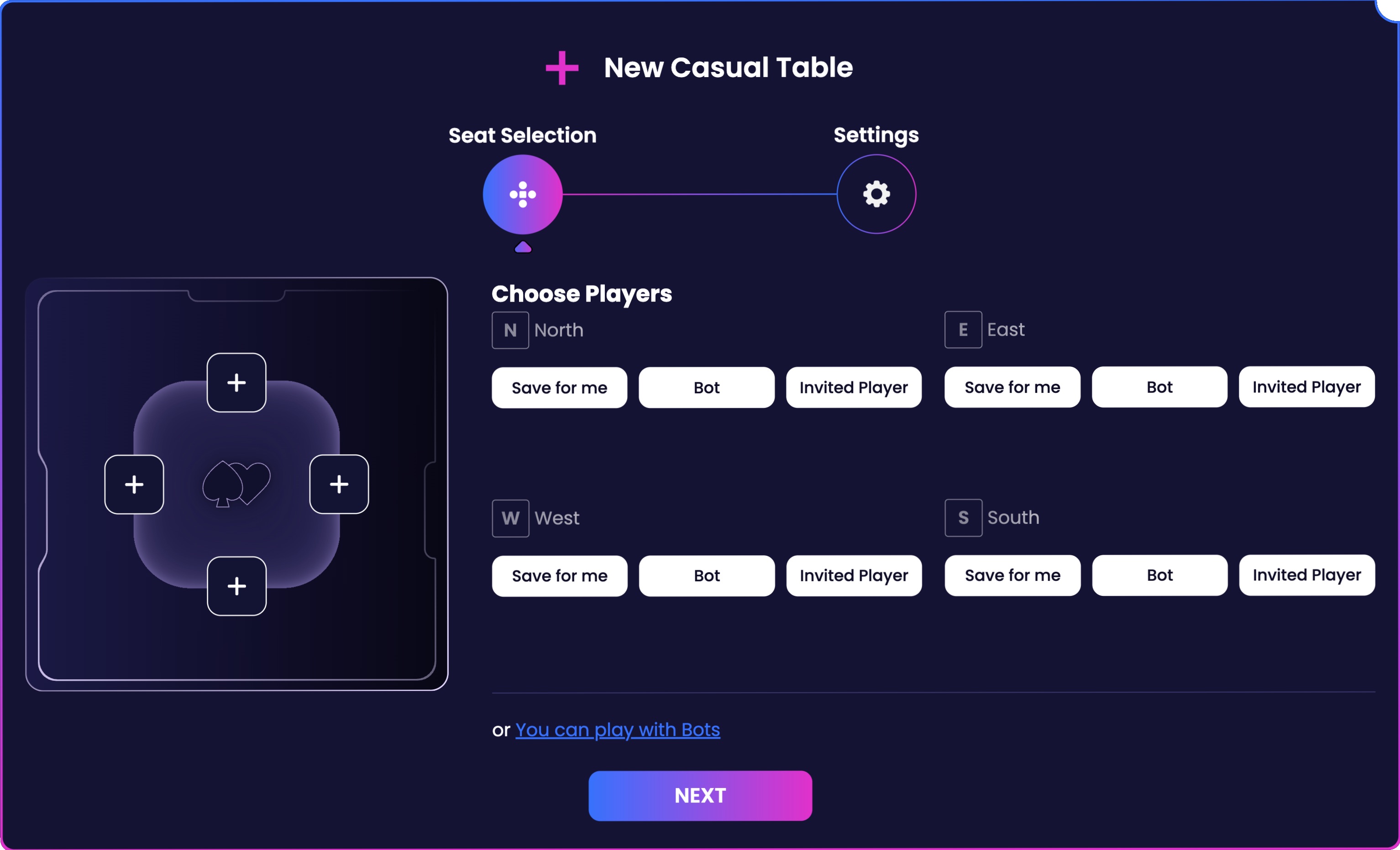 Creating a new casual table on Bridge Champ