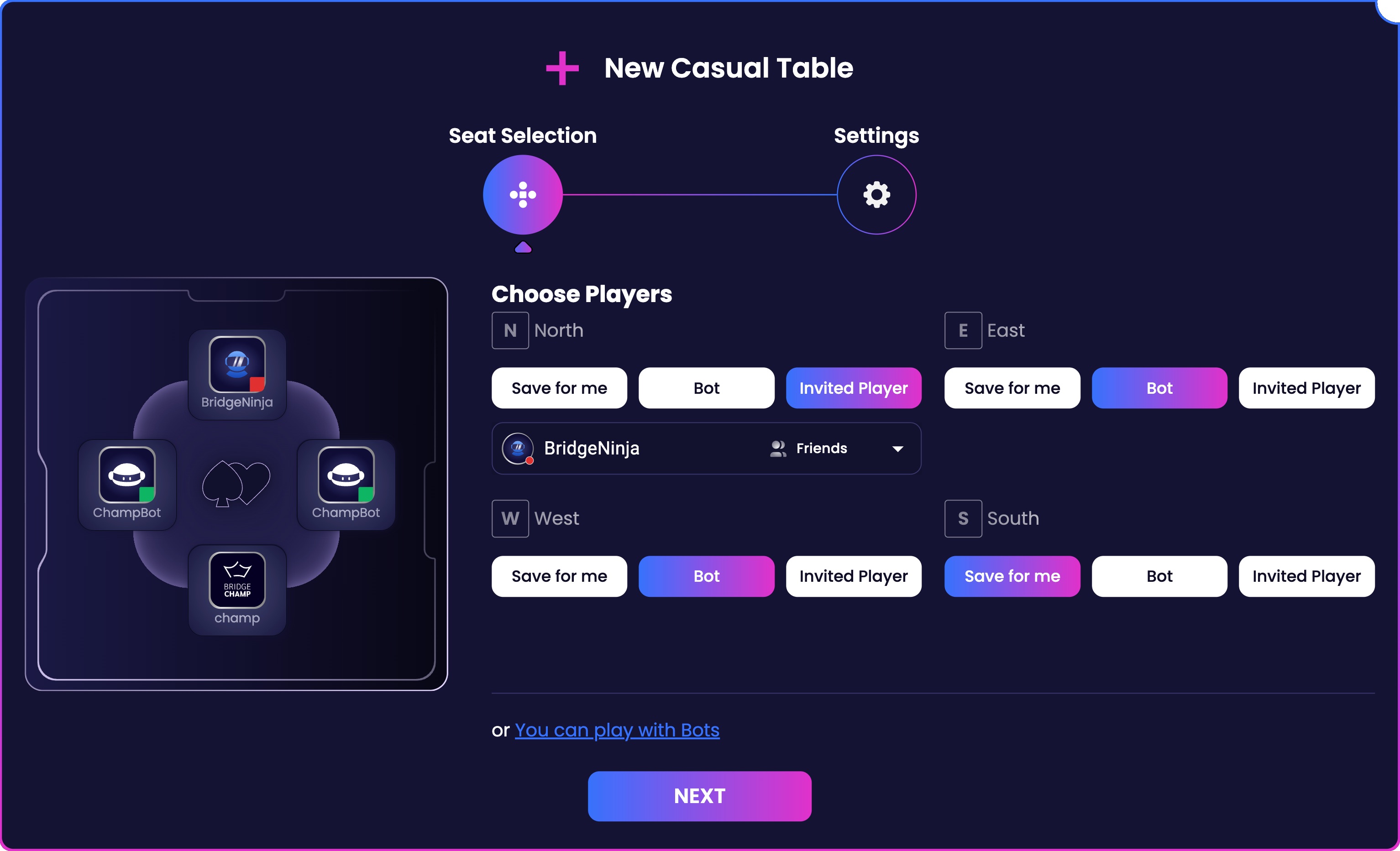 Overview of the casual game table on Bridge Champ