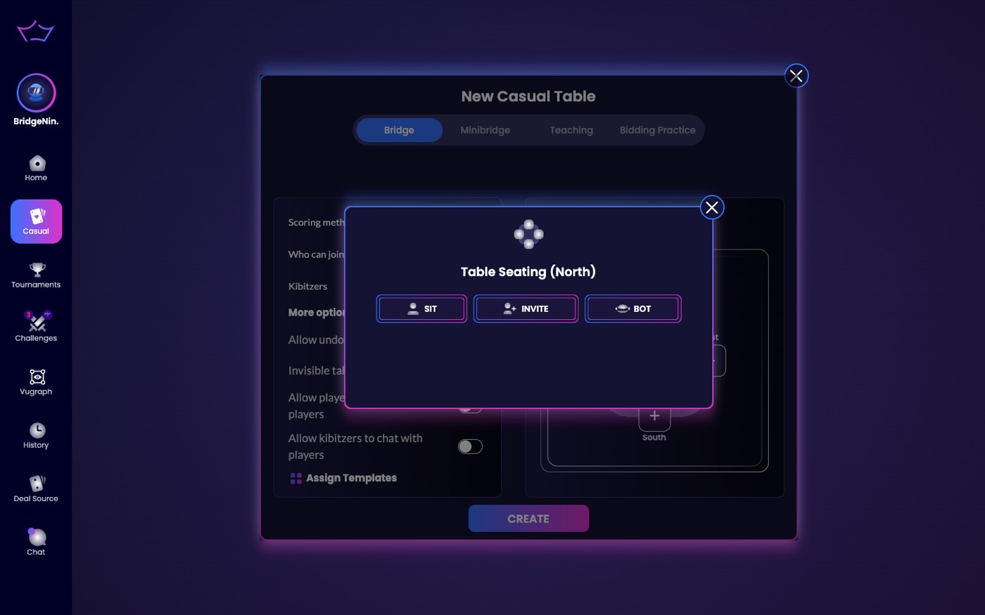 The Table Seating dialog with SIT, INVITE and BOT