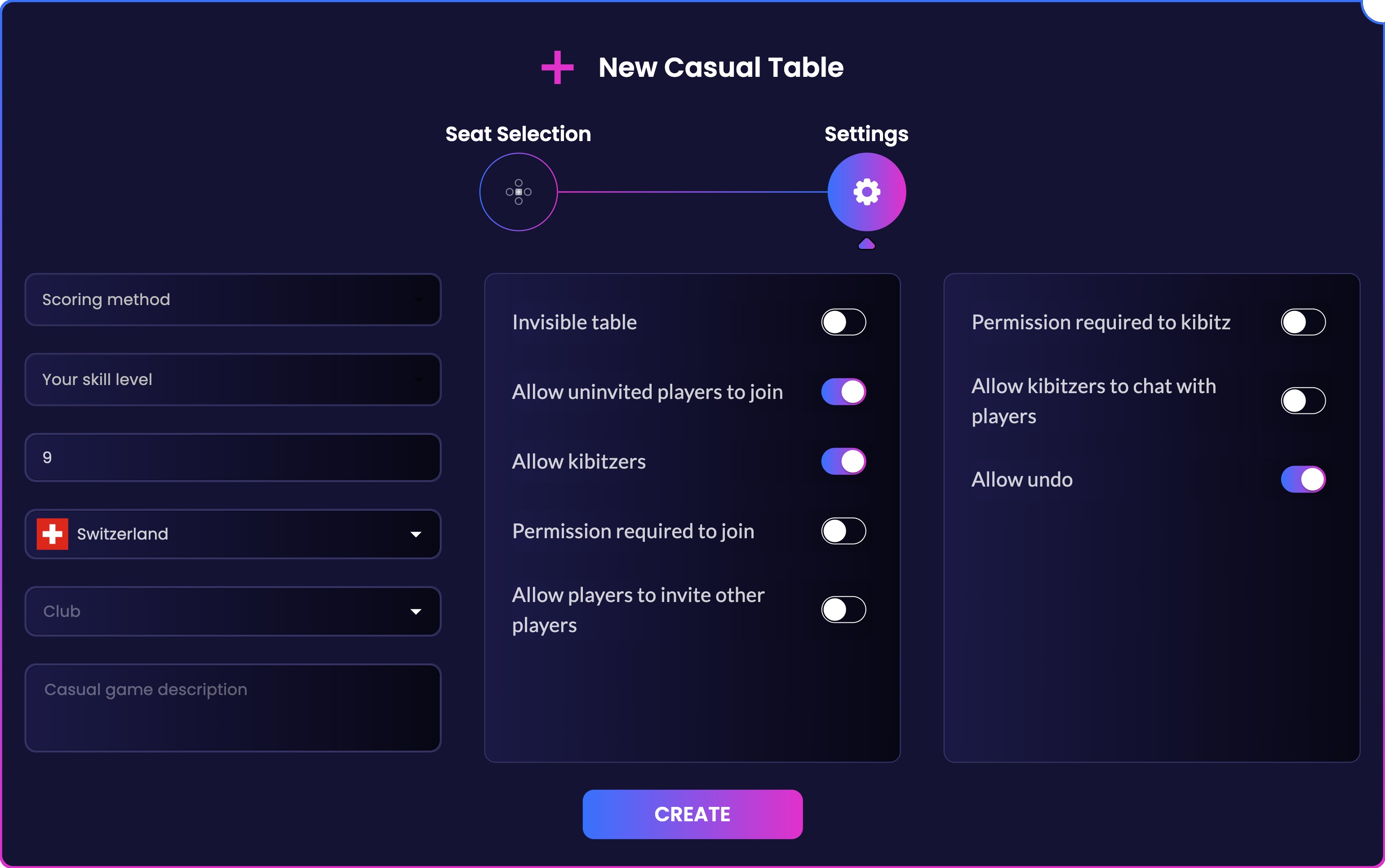Table settings menu on Bridge Champ