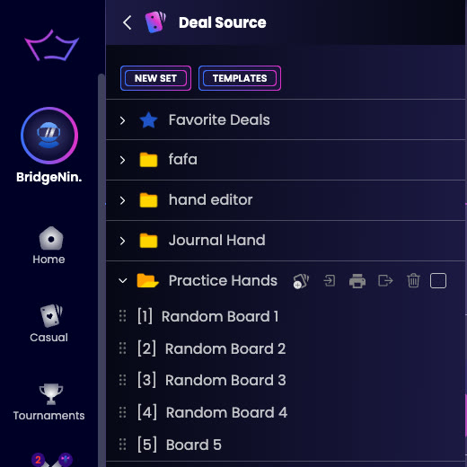 The Deal Source panel with NEW SET and TEMPLATES at the top and an open folder showing its icons