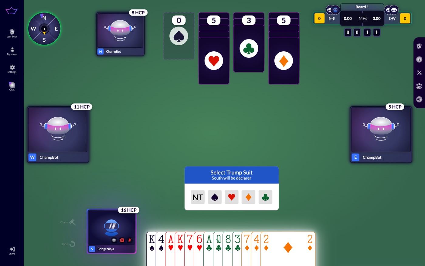 Blind Count before the contract: partner hand shown as suit counts, HCP badges on all four players