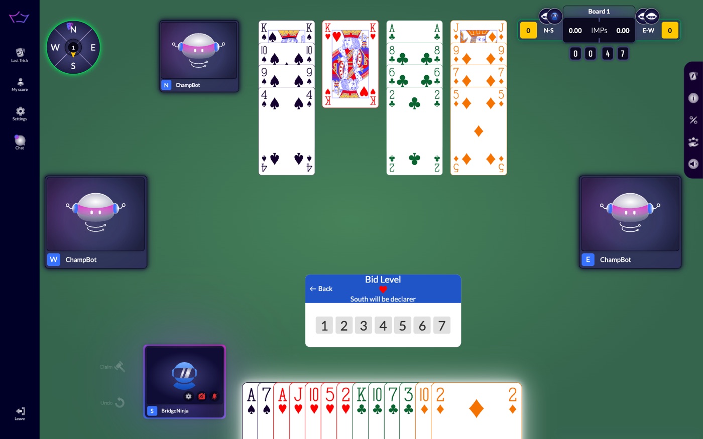 Dummy Peek: the Bid Level panel with 1 to 7 and a Back button