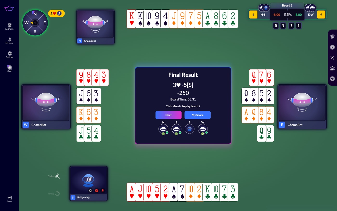 Final Result of a Dummy Peek board: 3 hearts minus 5 by South, minus 250