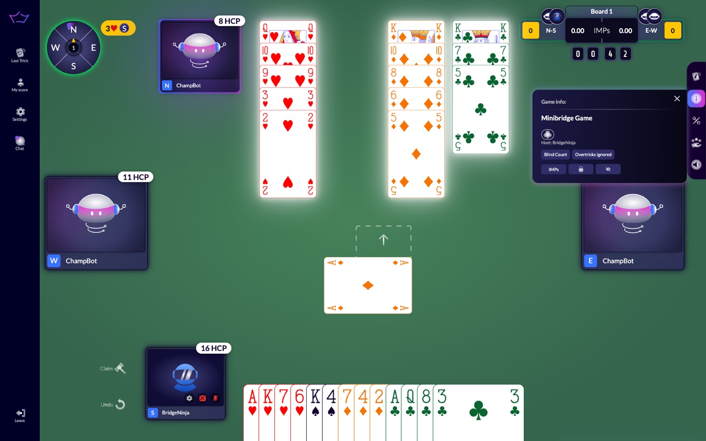 The Game info panel showing Blind Count and Overtricks ignored