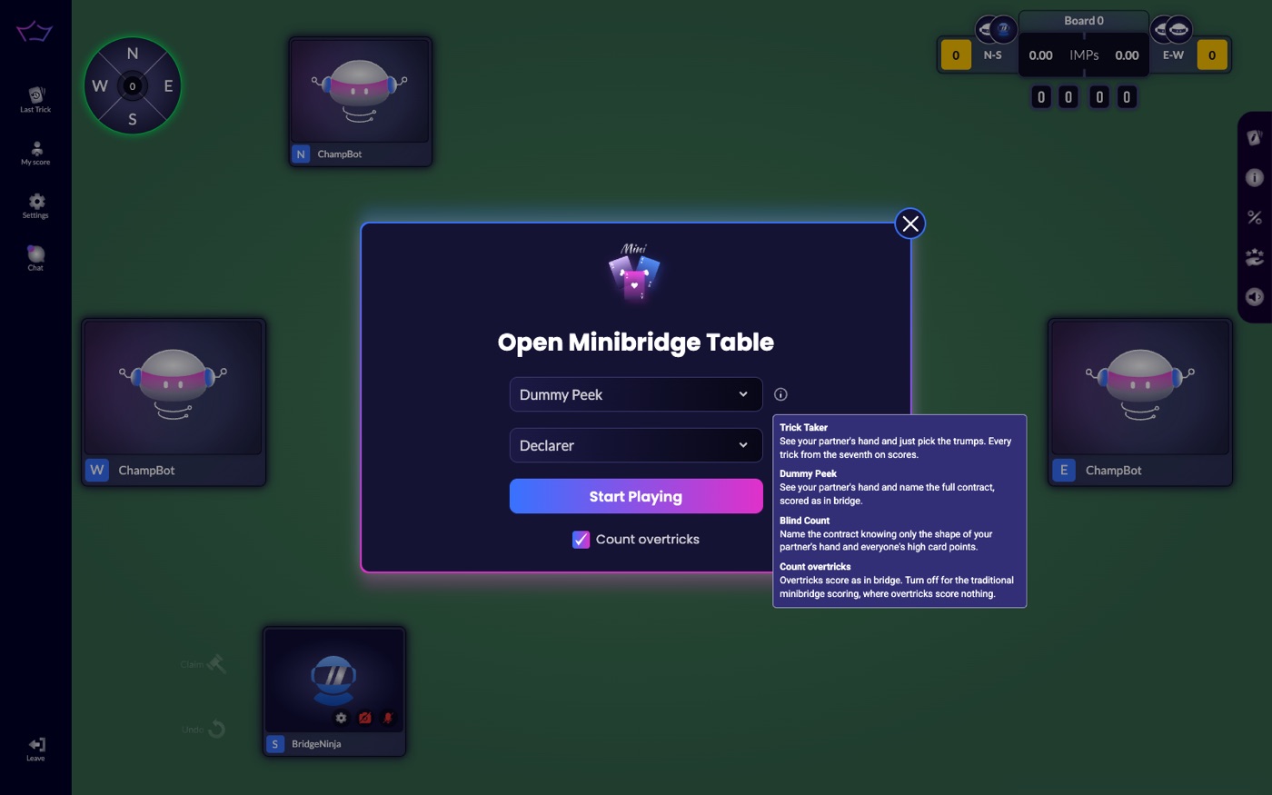 The Open Minibridge Table window with the variants explained